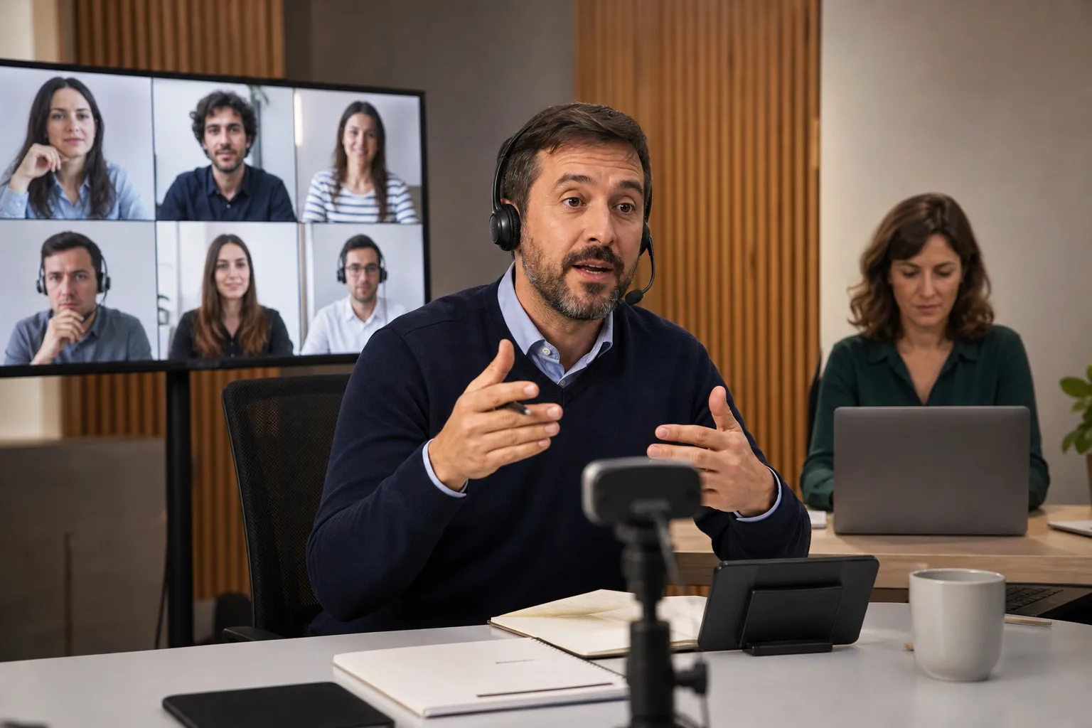 Formador imparte una tutoría en línea ante un grupo de participantes conectados.