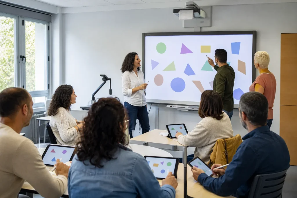 Docentes practican con pizarra interactiva y tabletas en un aula digital.