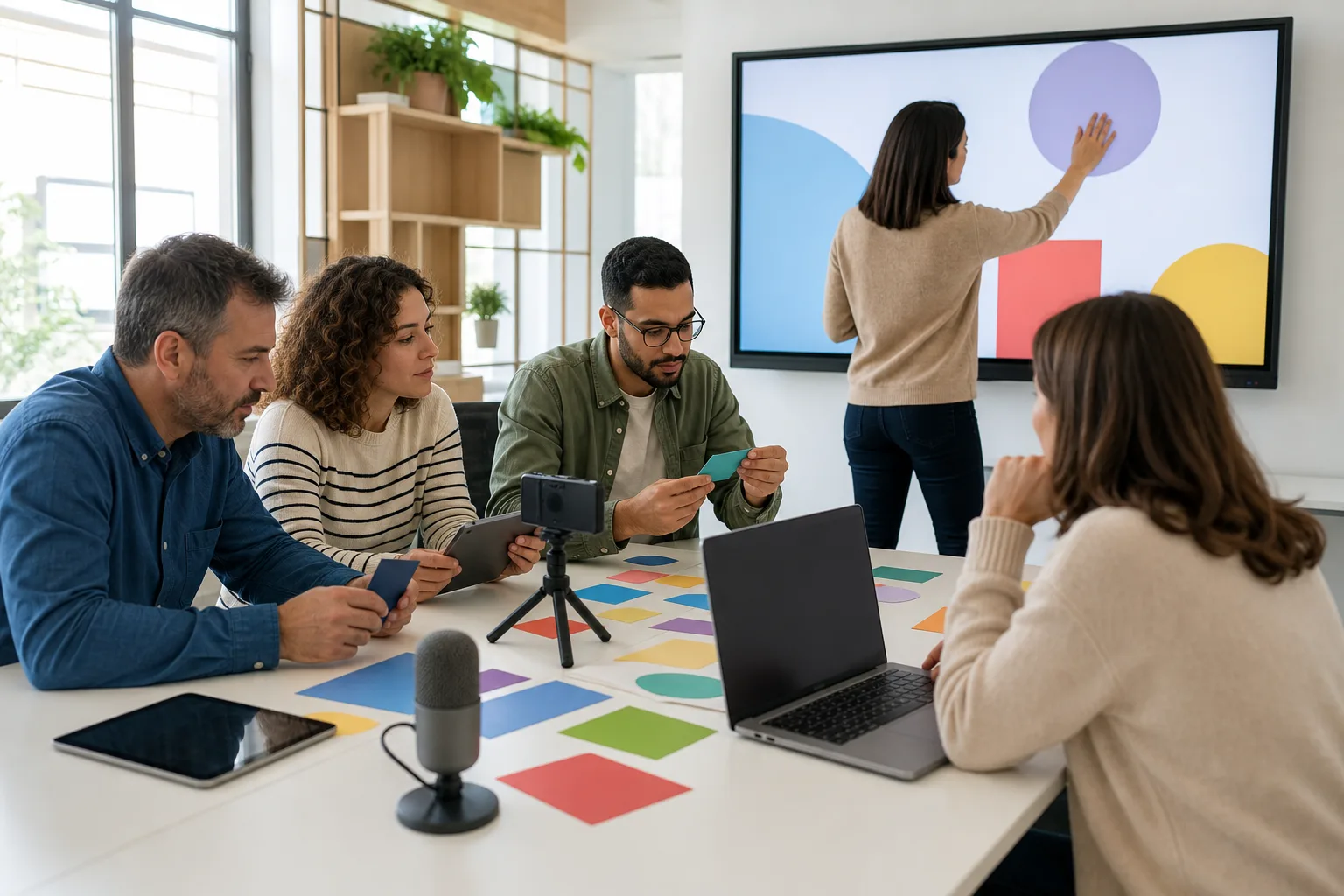 Equipo docente diseña una actividad innovadora con herramientas digitales y recursos físicos.