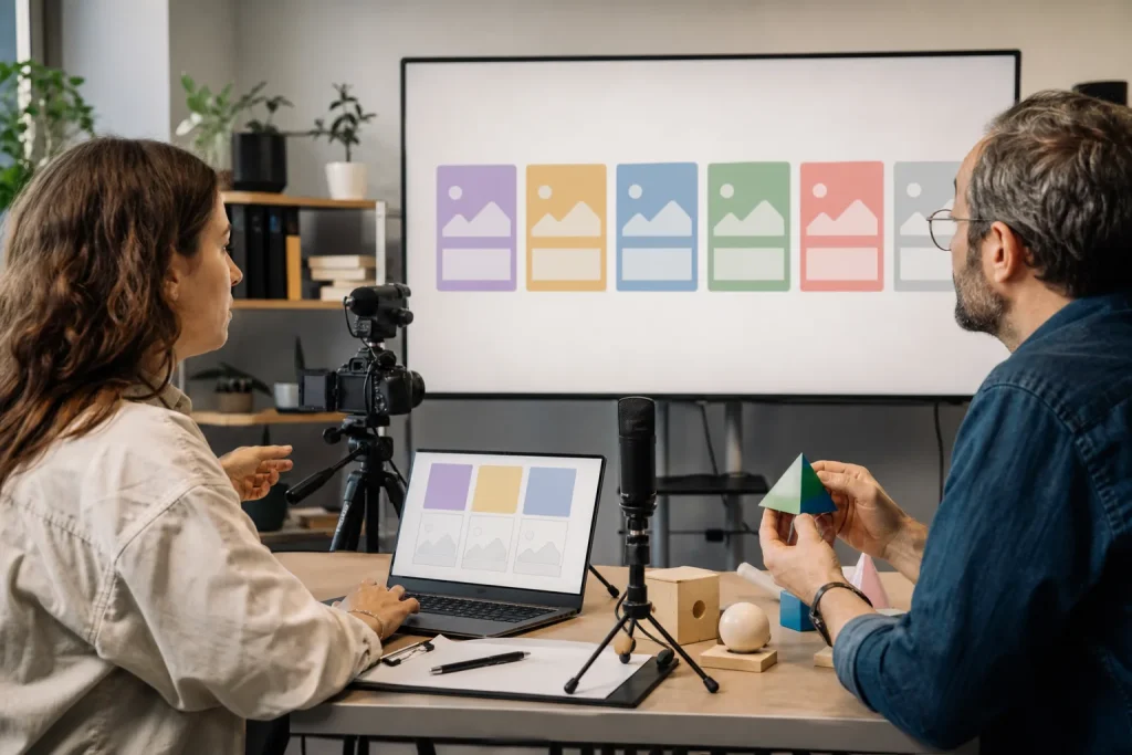 Profesionales crean contenidos didácticos digitales con cámara, micrófono y recursos interactivos.