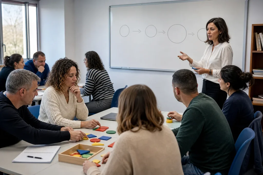 Docente guía una actividad colaborativa con recursos y estrategias de aprendizaje activo.