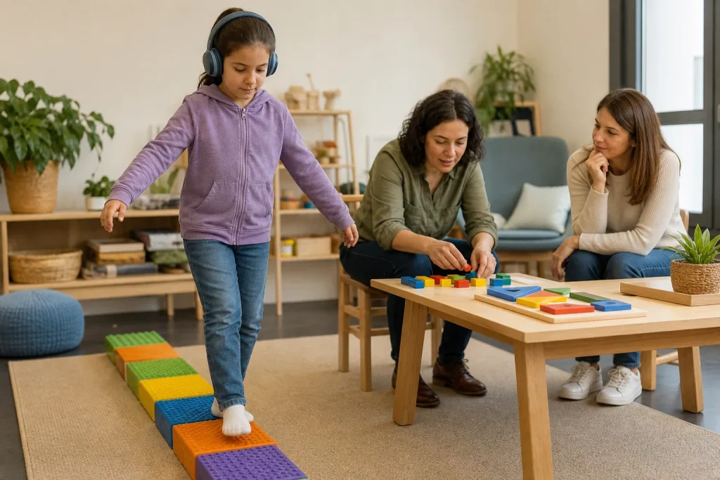 Especialista acompaña a una niña en actividades multisensoriales de atención y coordinación.