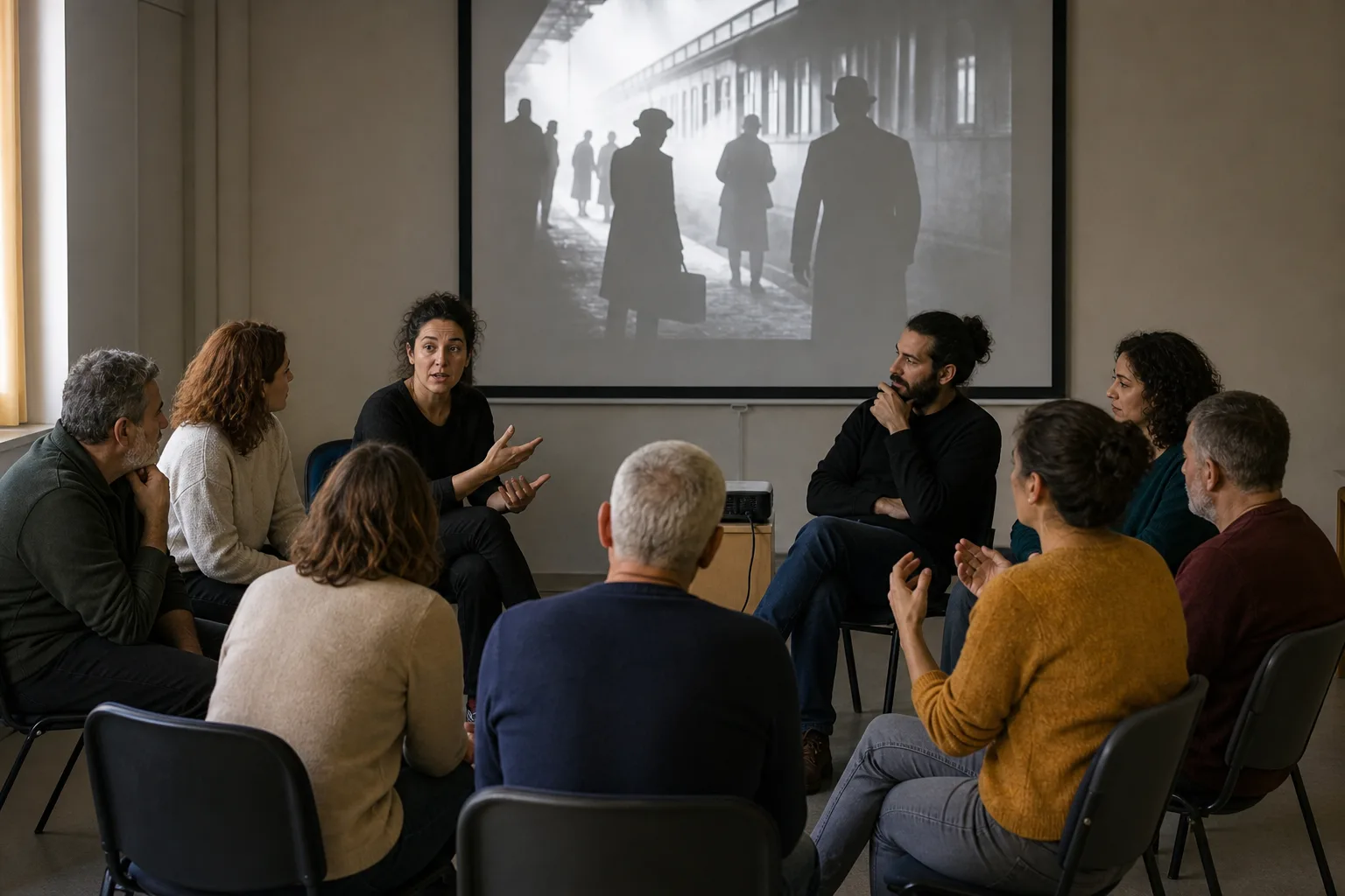 Docente modera un cinefórum tras proyectar una escena cinematográfica en blanco y negro.