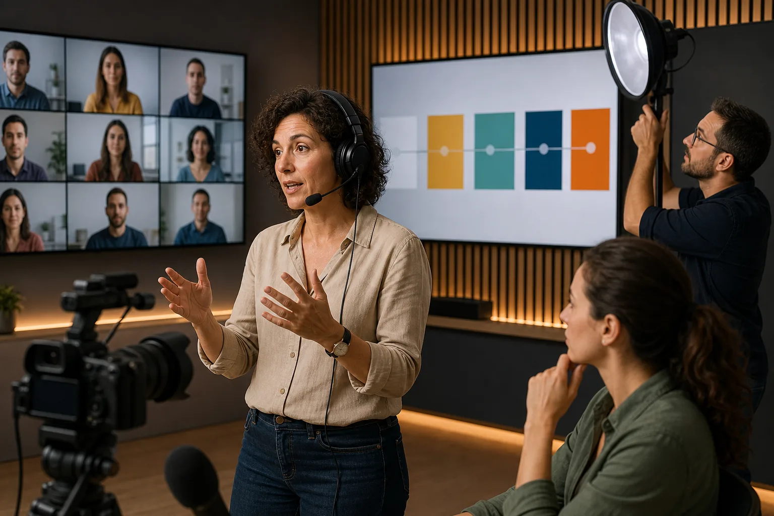 Especialista coordina una sesión de e-learning con alumnado remoto y recursos multimedia.
