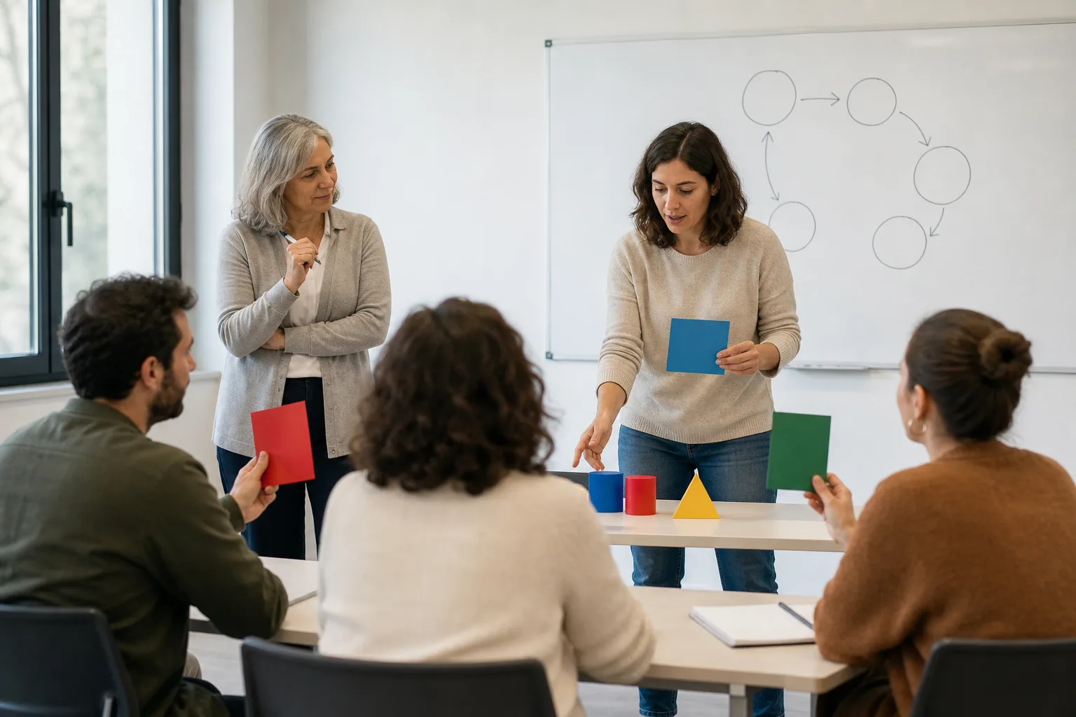 Formadora experimentada acompaña a futuros docentes durante una práctica de enseñanza.