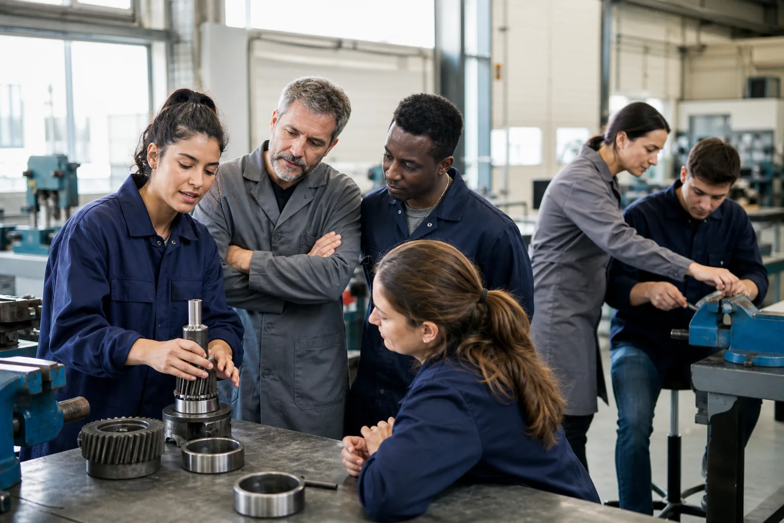 Formadores practican la enseñanza de una tarea técnica en un taller de empleo.
