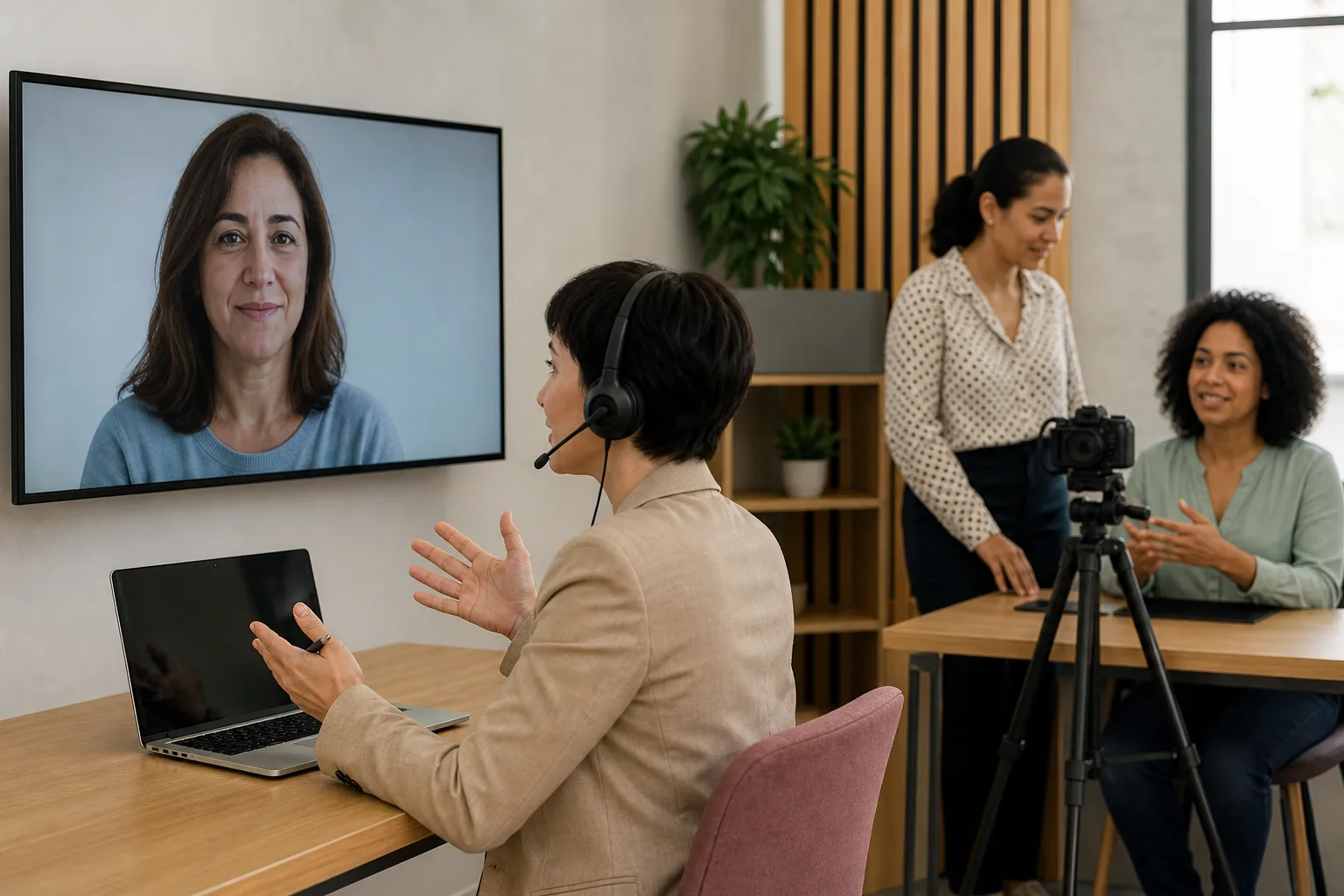 Teleorientadora asesora a una usuaria mientras otra persona prepara un videocurrículum.