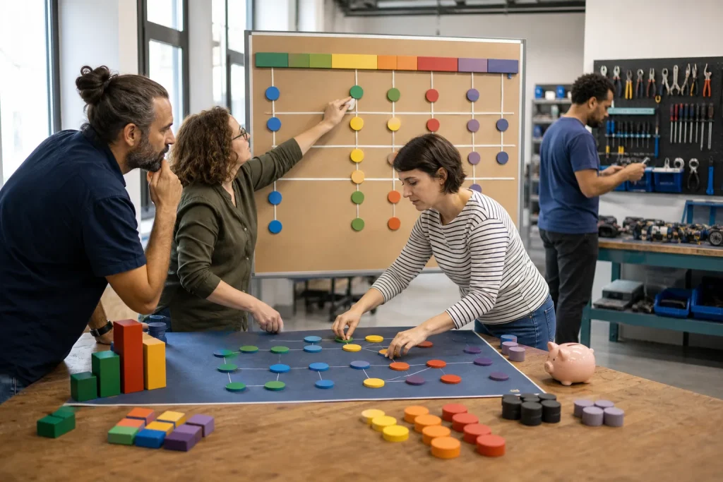 Profesionales programan una acción formativa para el empleo en un taller.