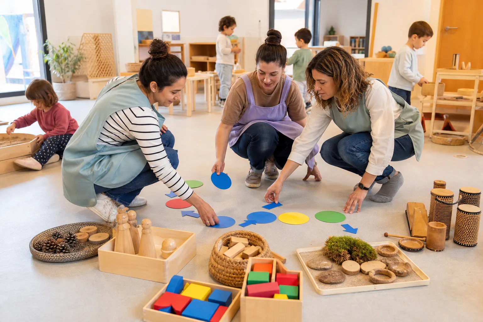 Educadoras organizan estaciones de aprendizaje para una clase de educación infantil.