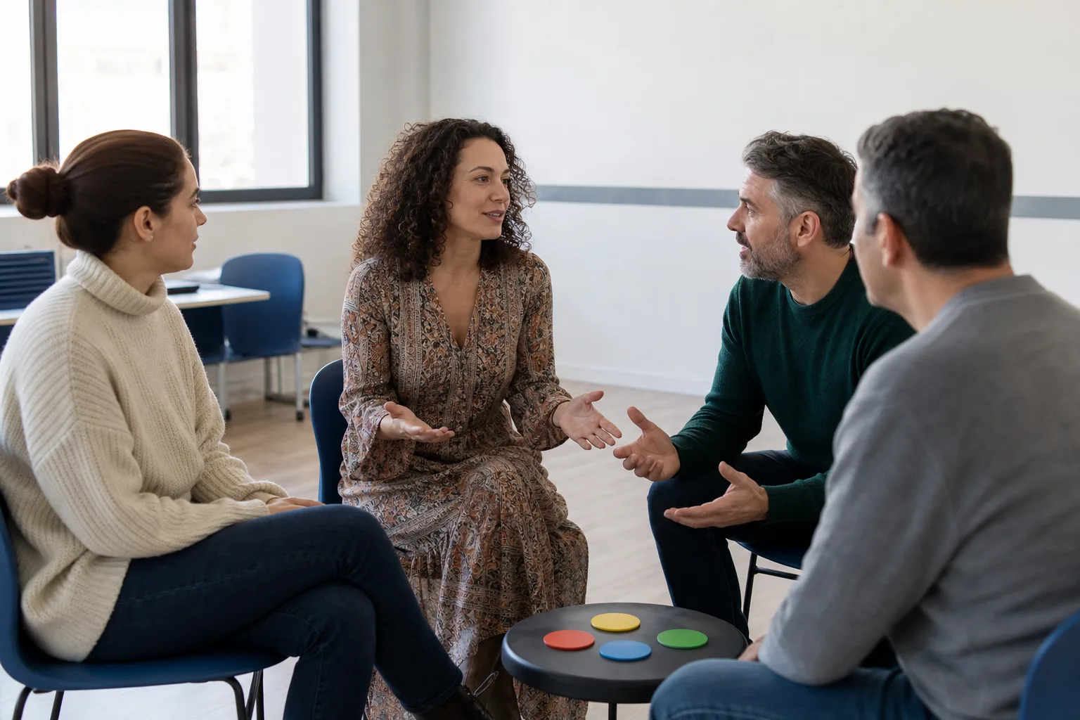 Mediadora facilita una conversación para resolver un conflicto en un entorno educativo.