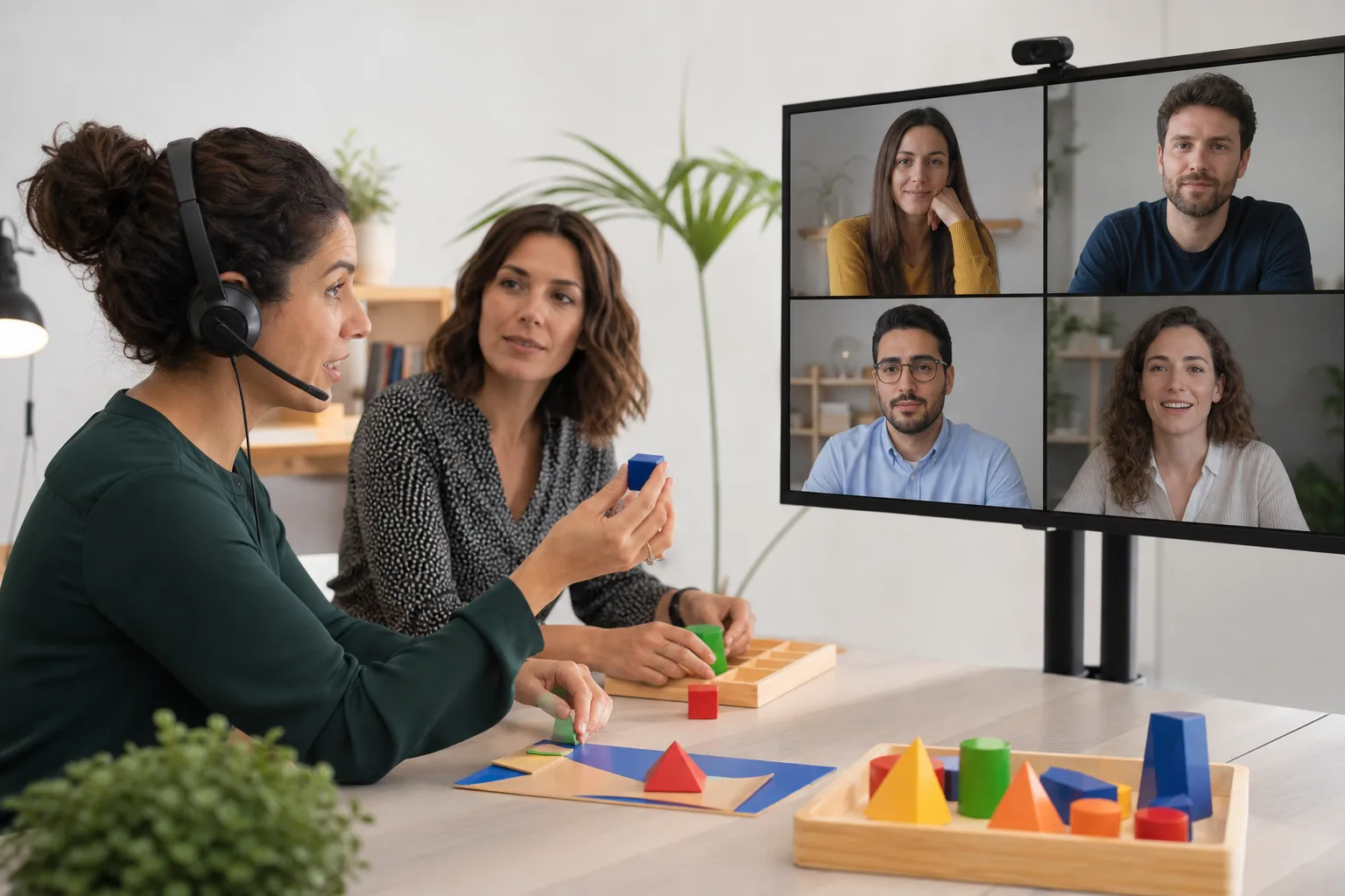 Tutora acompaña a participantes remotos mediante una actividad práctica en línea.