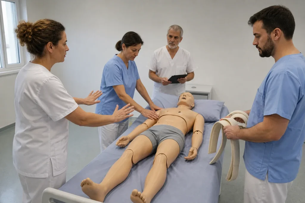Equipo sanitario practica decisiones y técnicas de seguridad con un maniquí clínico.