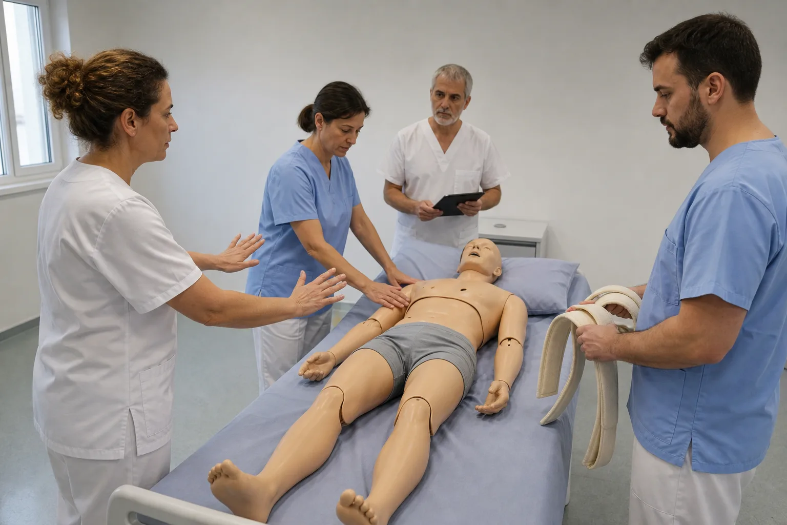 Equipo sanitario practica decisiones y técnicas de seguridad con un maniquí clínico.