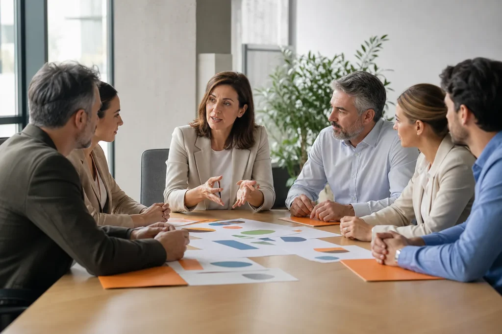 Comité paritario negocia un plan de igualdad en una reunión de trabajo.