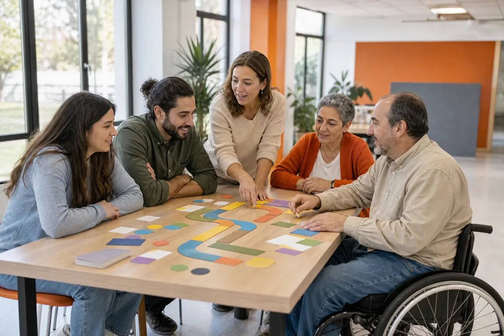 Grupo diverso diseña itinerarios de inclusión laboral en un espacio accesible.