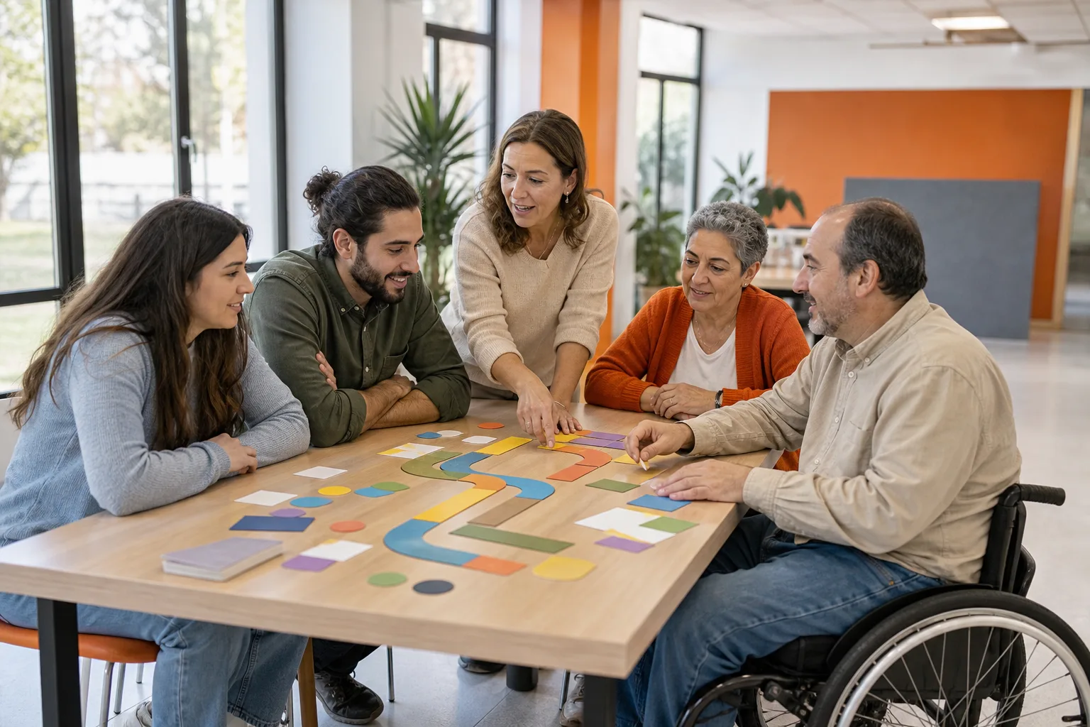 Grupo diverso diseña itinerarios de inclusión laboral en un espacio accesible.