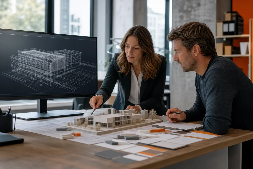 Profesionales trabajan con un modelo arquitectónico y un diseño técnico digital.