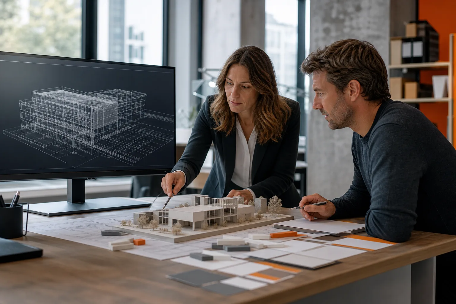 Profesionales trabajan con un modelo arquitectónico y un diseño técnico digital.