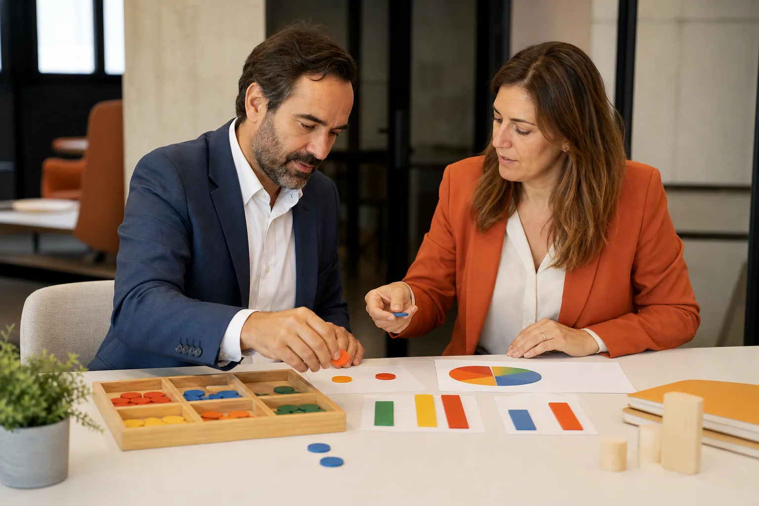 Responsables de empresa analizan la distribución de costes con recursos visuales.