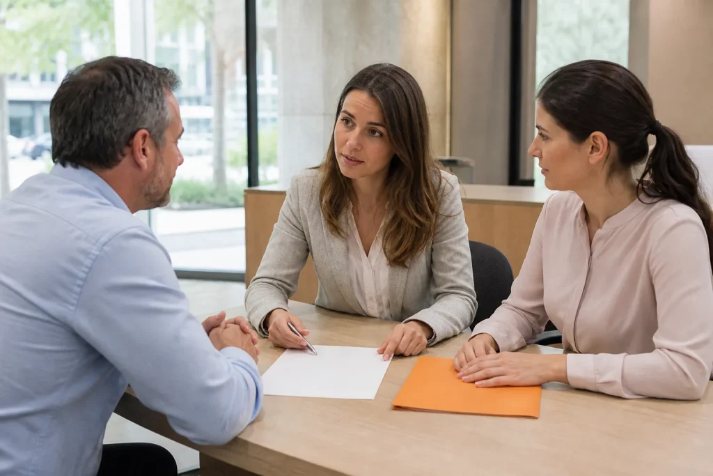 Profesionales escuchan a un cliente y gestionan una reclamación de forma constructiva.