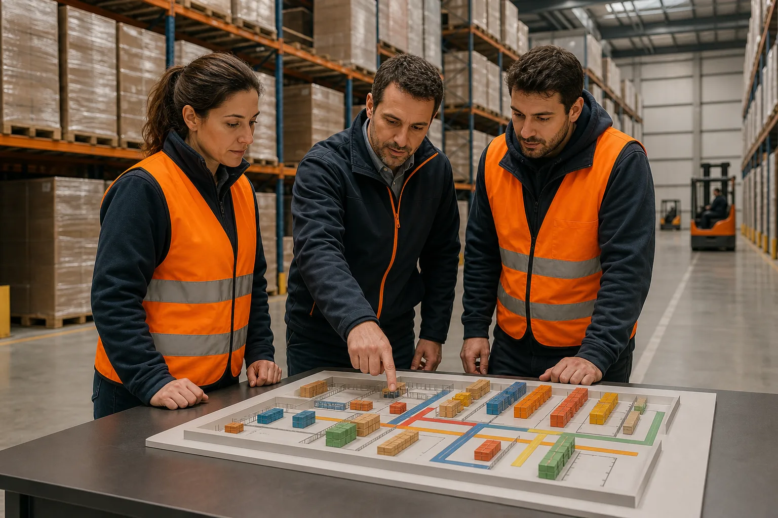 Equipo logístico planifica los flujos de un almacén mediante una maqueta operativa.