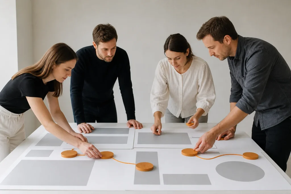 Equipo de marketing diseña la estructura y el recorrido de un sitio web.