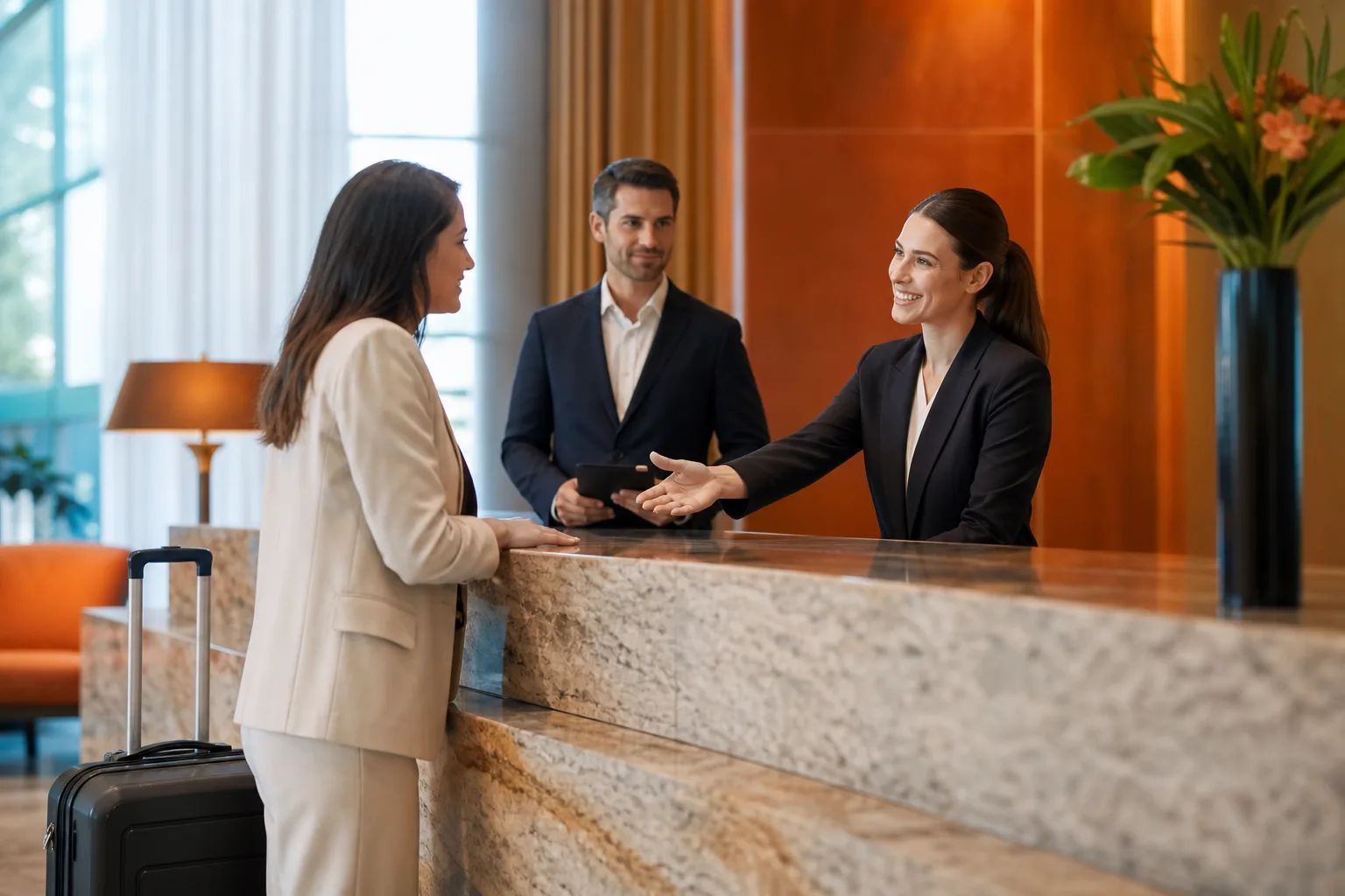 Recepcionista atiende a una huésped bajo la supervisión de un responsable de calidad.