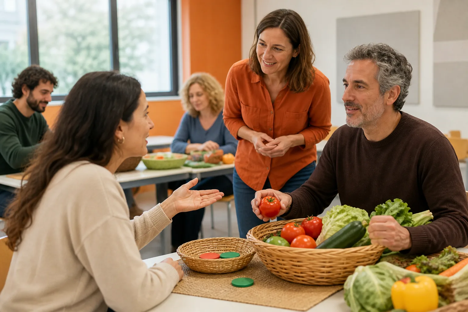 Alumnado de italiano practica una conversación sencilla en un mercado.
