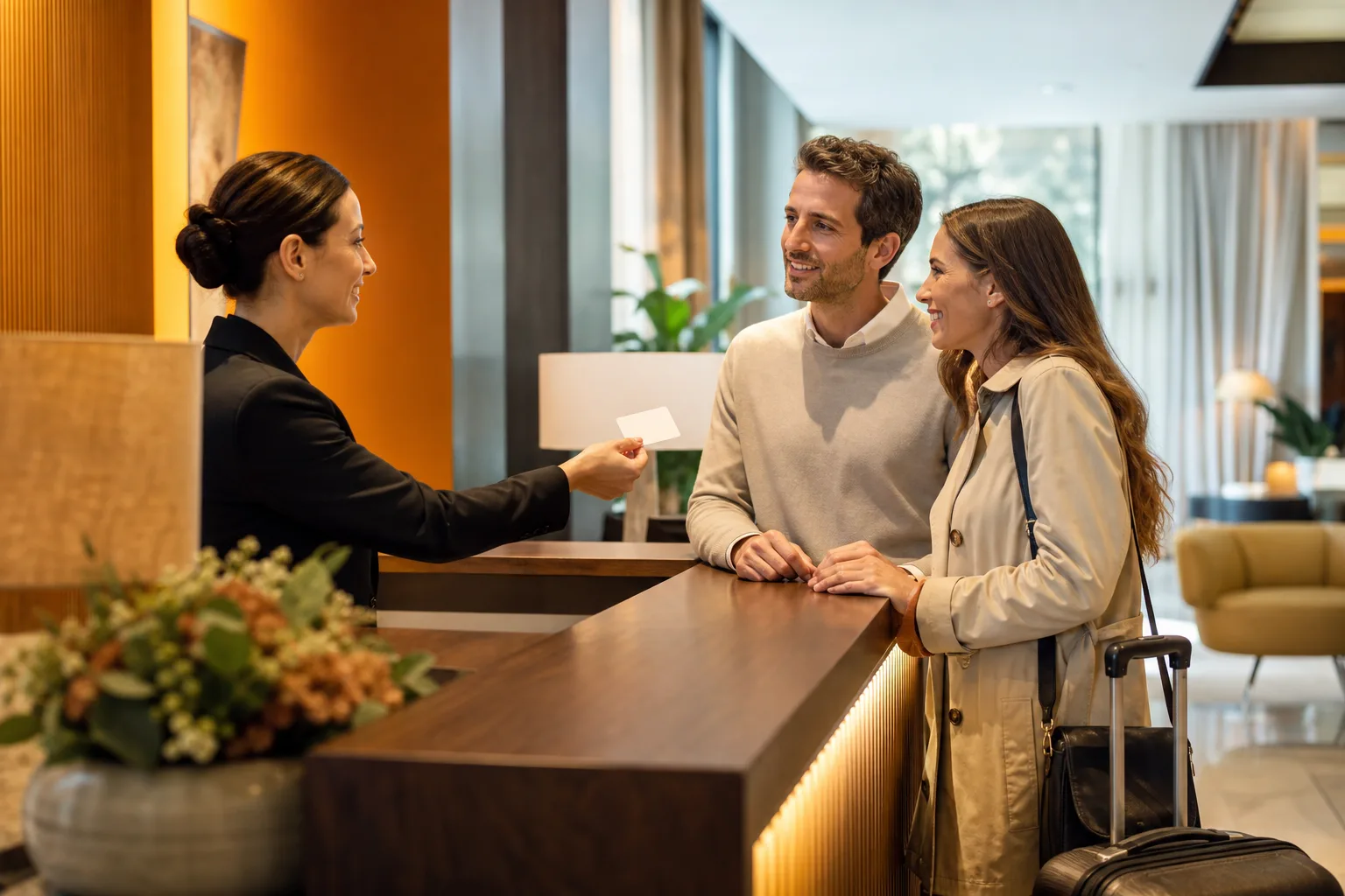 Recepcionista entrega una tarjeta de acceso a una pareja durante el registro en un hotel.