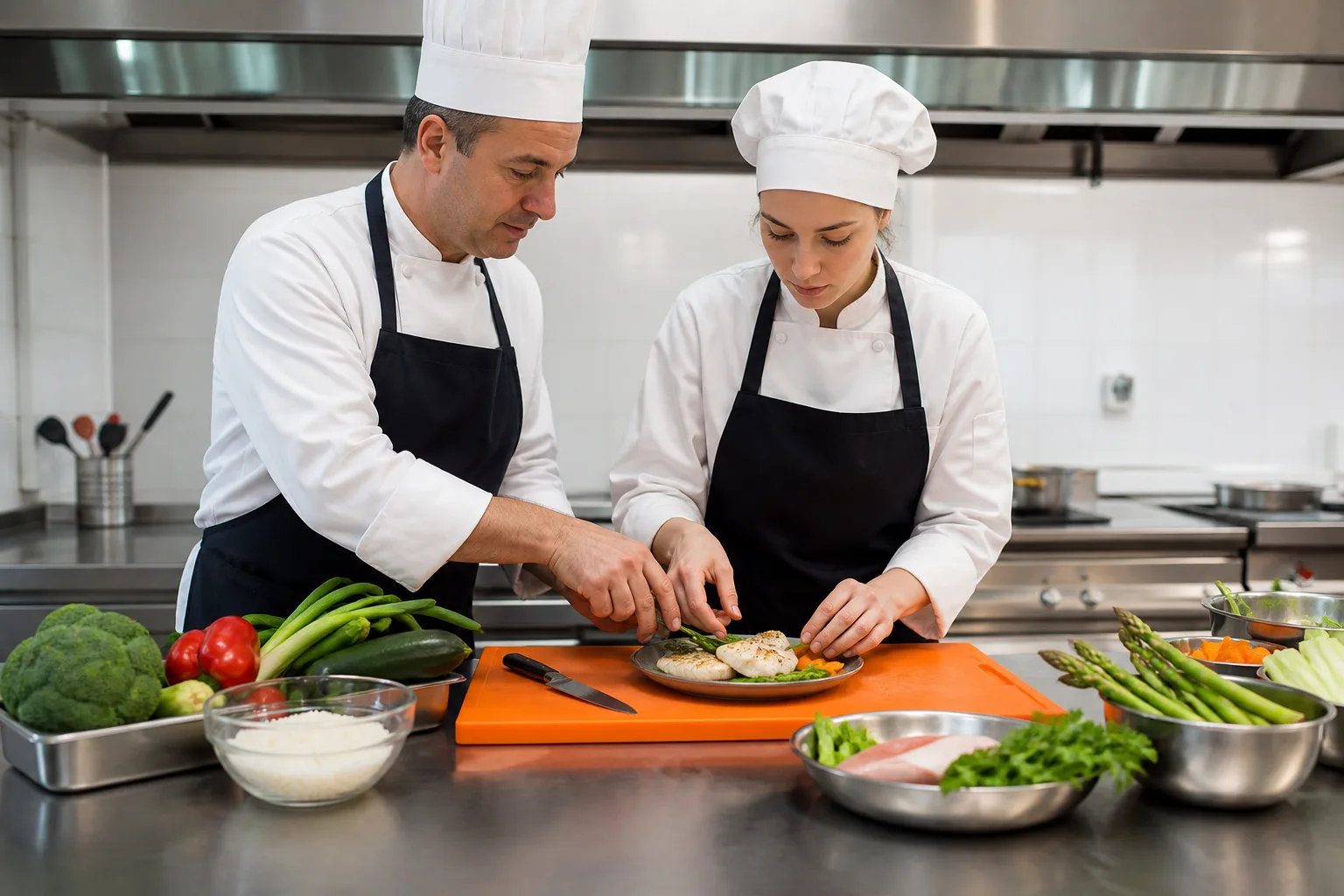 Chef y alumna preparan un plato sin gluten en una zona de trabajo separada.