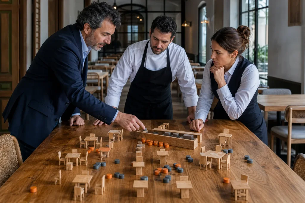Responsables de restaurante planifican la distribución, los recursos y el flujo del servicio.
