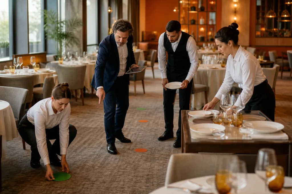 Equipo de sala organiza la preparación y los recorridos del servicio de restaurante.