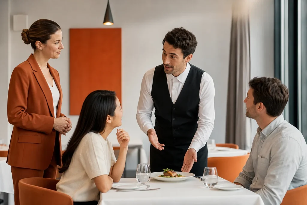 Camarero practica en inglés la recomendación de un plato a clientes internacionales.