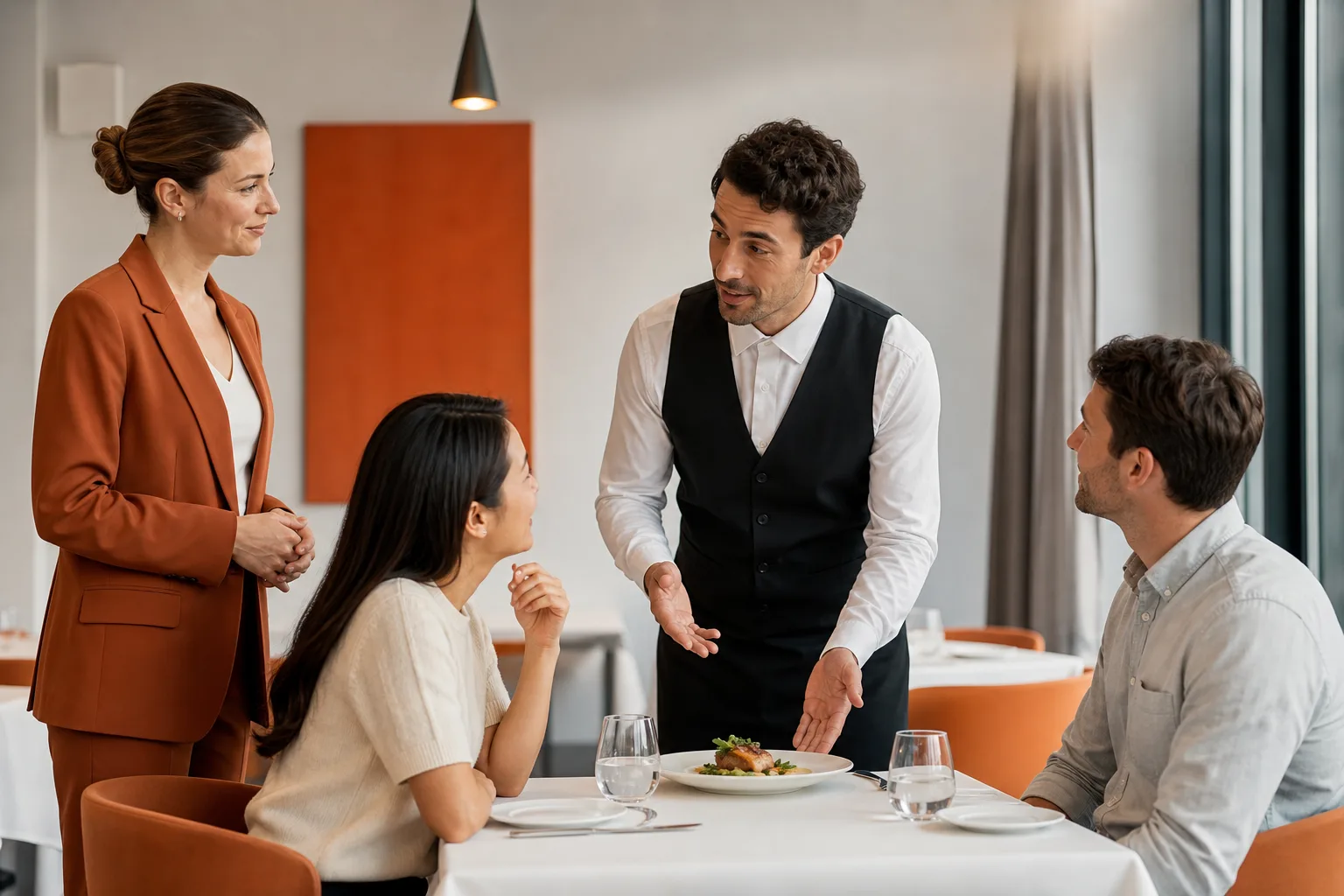 Camarero practica en inglés la recomendación de un plato a clientes internacionales.