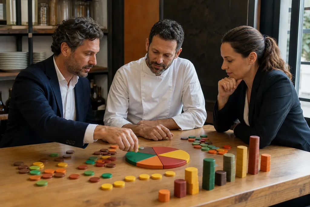 Equipo de restaurante analiza costes, ingresos y rentabilidad con recursos visuales.