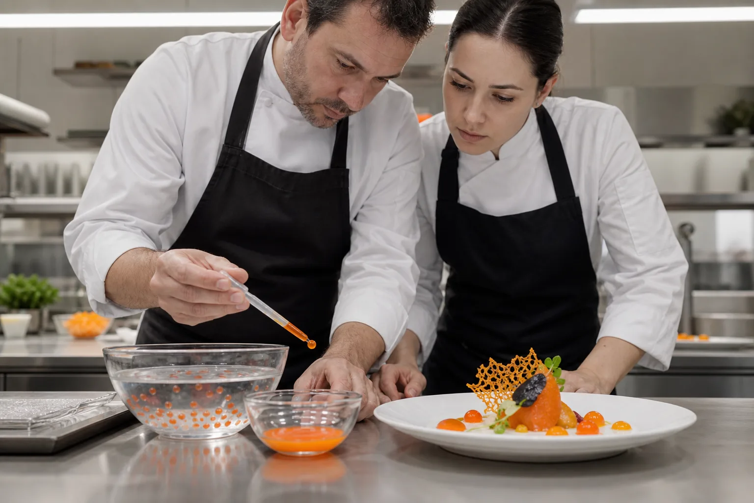 Chef enseña una técnica de esferificación para crear un plato de cocina innovadora.