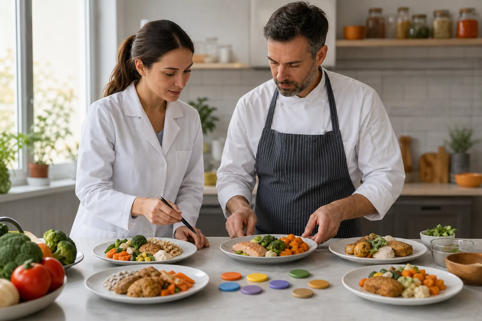 Dietista y chef planifican menús equilibrados adaptados a diferentes necesidades.