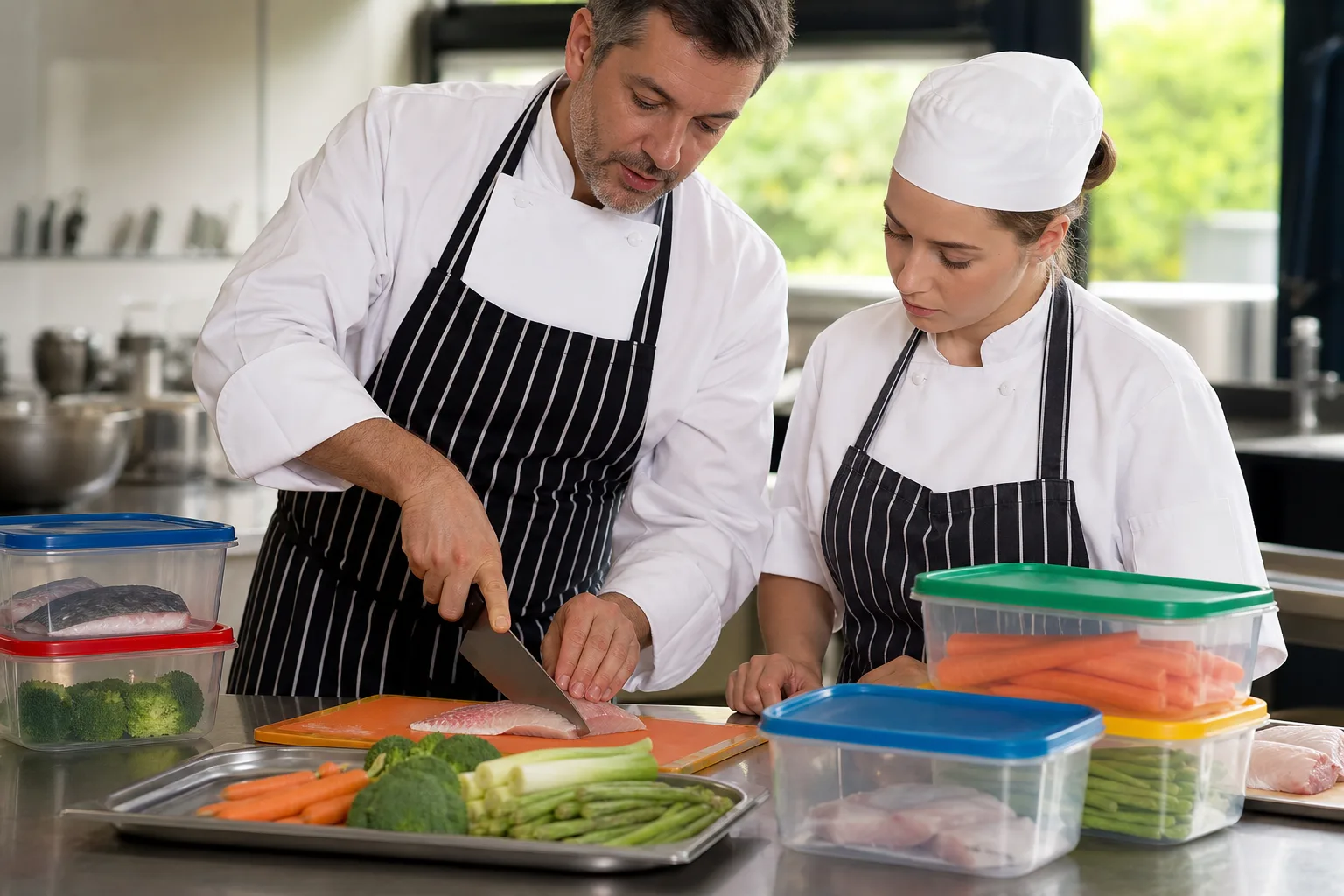 Chef enseña técnicas higiénicas de preelaboración y conservación de alimentos.