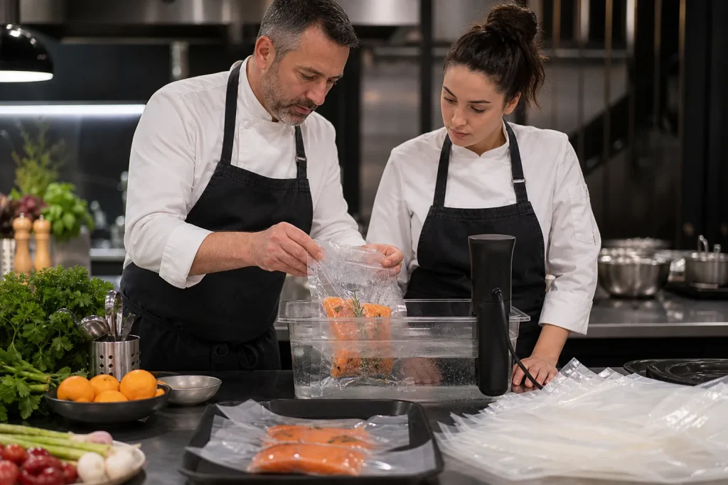 Chef y alumna aplican cocción al vacío con equipamiento de cocina moderna.