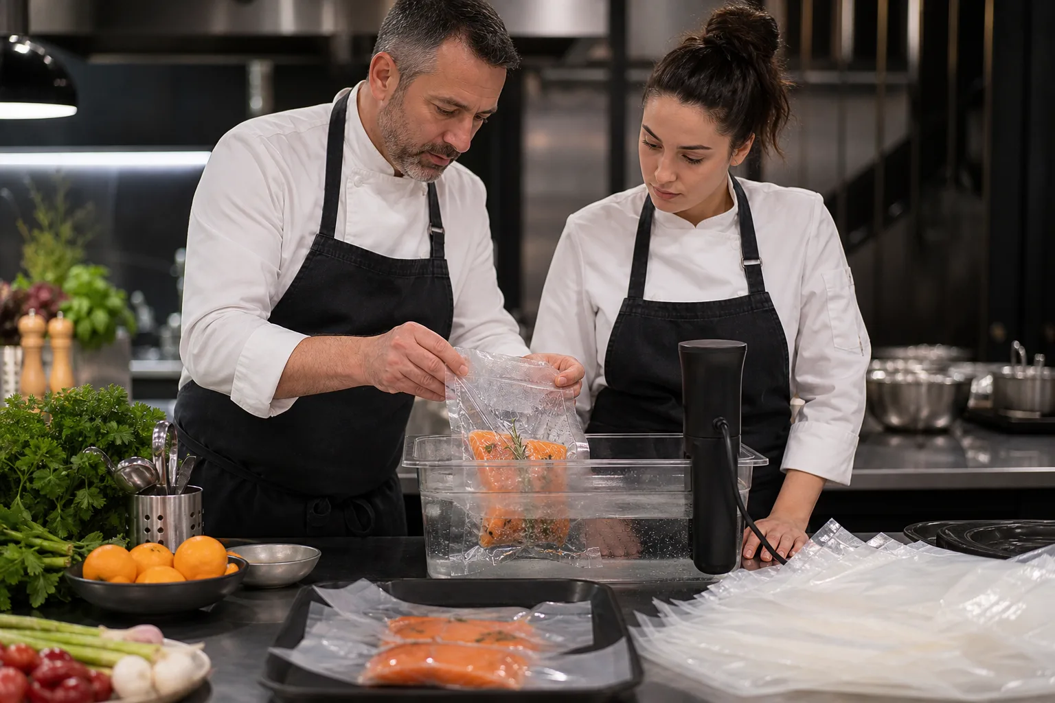 Chef y alumna aplican cocción al vacío con equipamiento de cocina moderna.