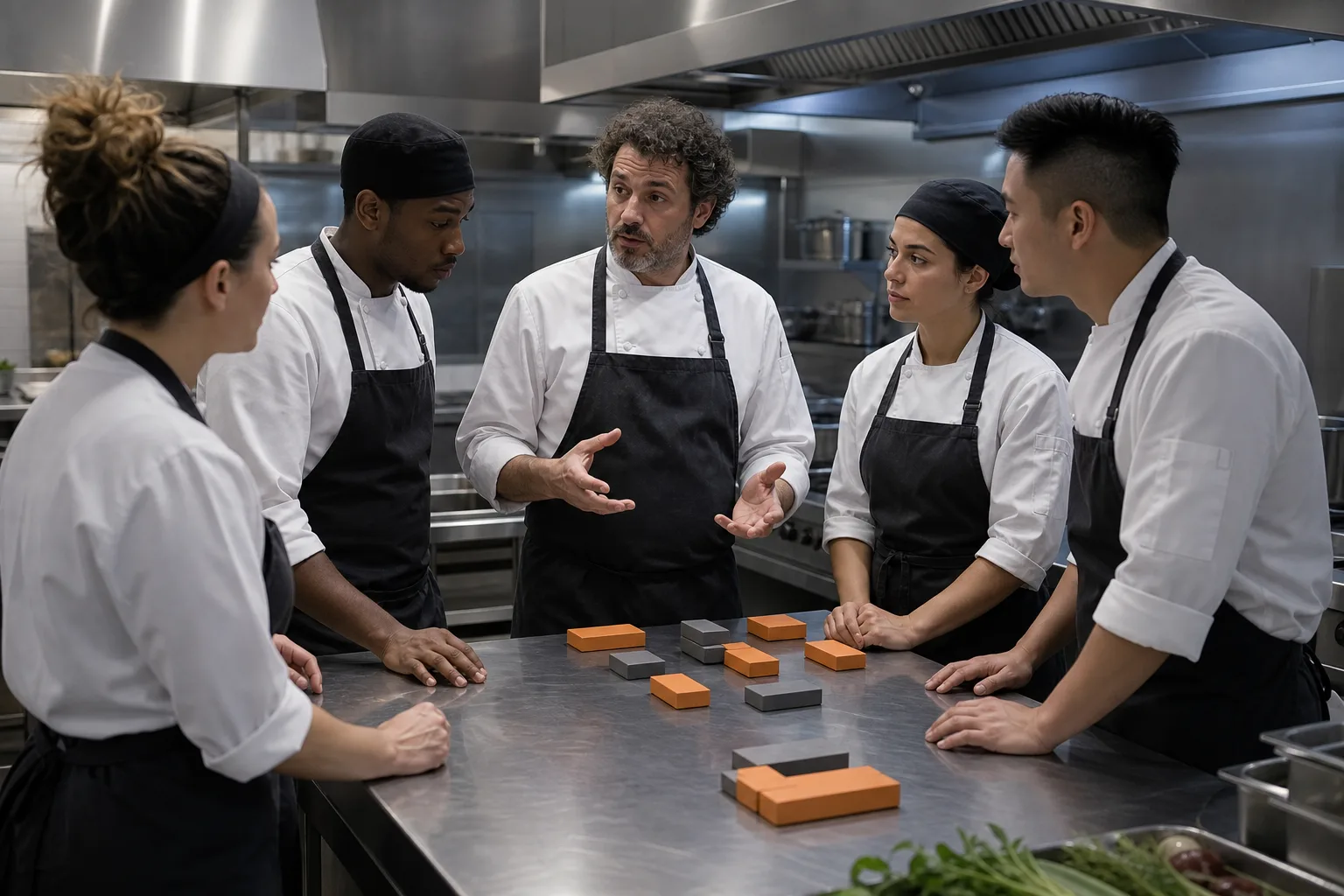 Jefe de cocina coordina al equipo y distribuye las tareas antes del servicio.