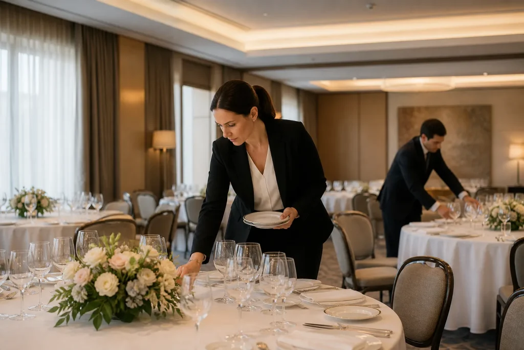Responsable de eventos revisa el montaje protocolario de un banquete.