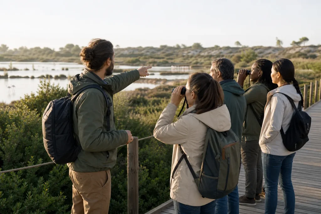 Guía de ecoturismo acompaña a un grupo en un humedal protegido.