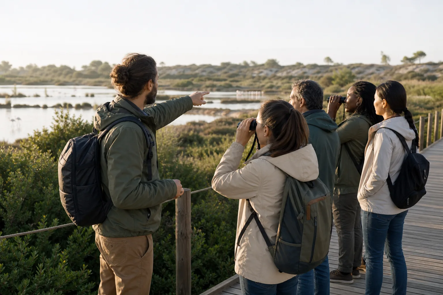 Guía de ecoturismo acompaña a un grupo en un humedal protegido.