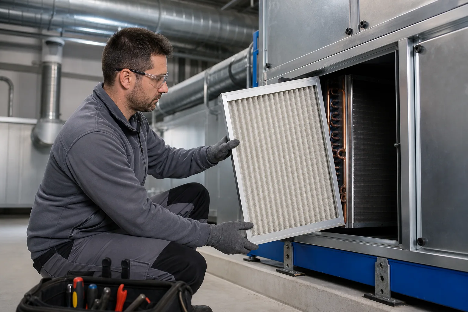 Técnico de climatización inspecciona el filtro de una unidad de aire.