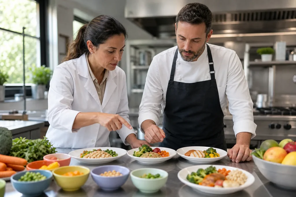 Nutricionista y chef diseñan menús infantiles equilibrados en una cocina.