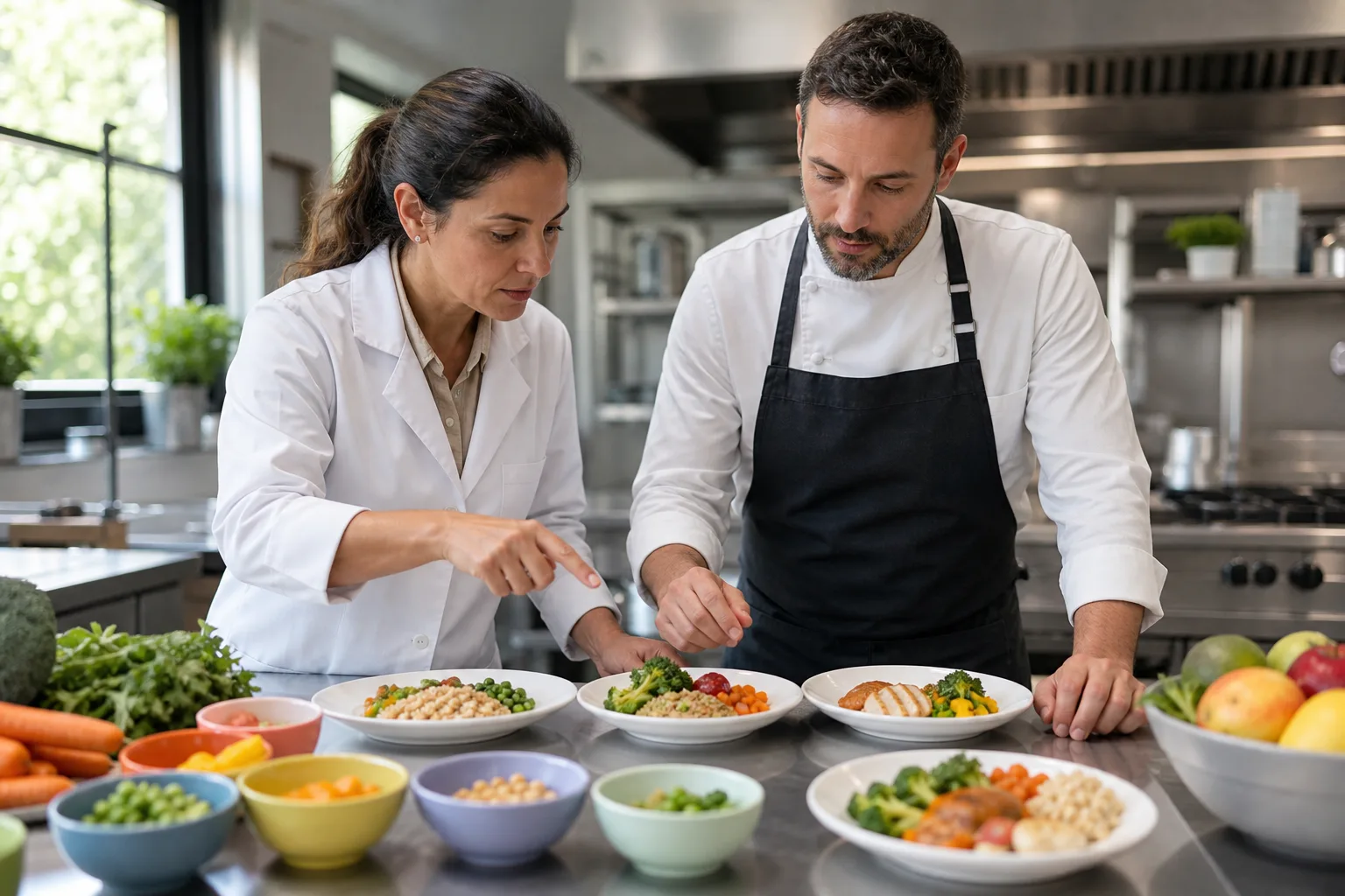 Nutricionista y chef diseñan menús infantiles equilibrados en una cocina.