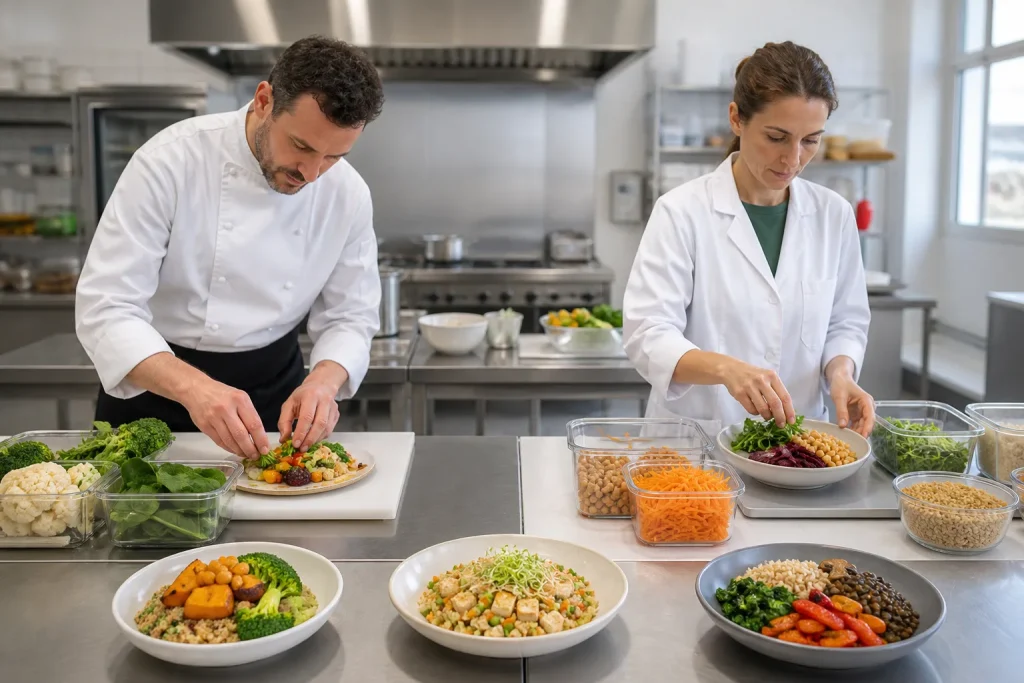 Chef y especialista preparan menús diferenciados para dietas especiales.
