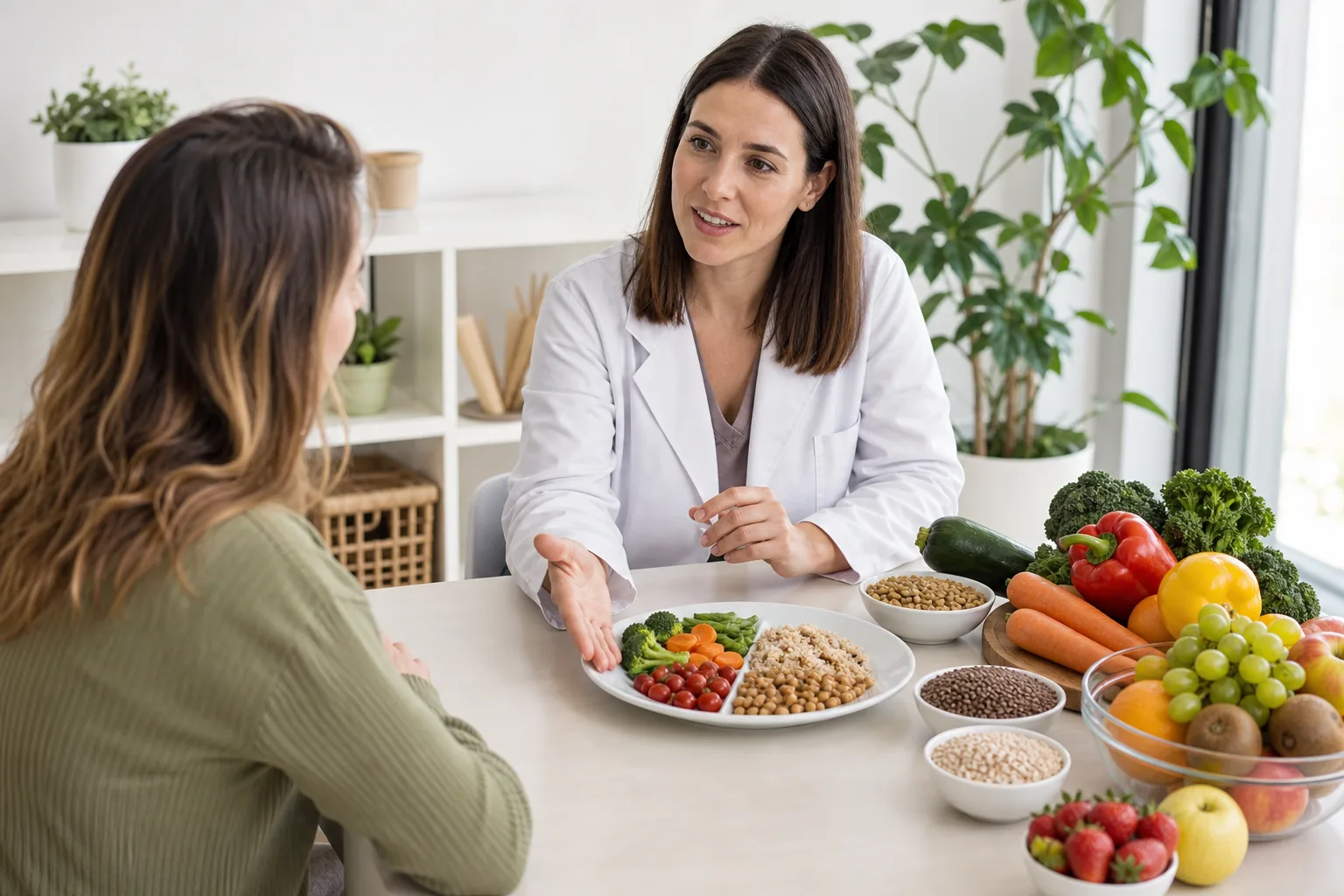 Nutricionista explica una selección equilibrada de alimentos a una adulta.