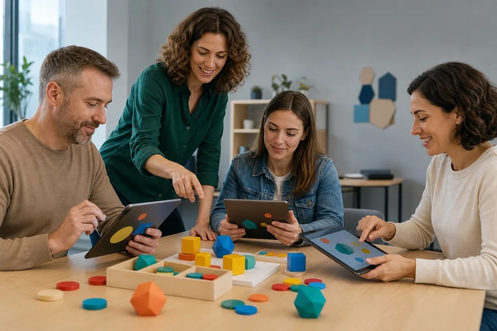 Formadora guía un taller de aprendizaje móvil y gamificación con tabletas.